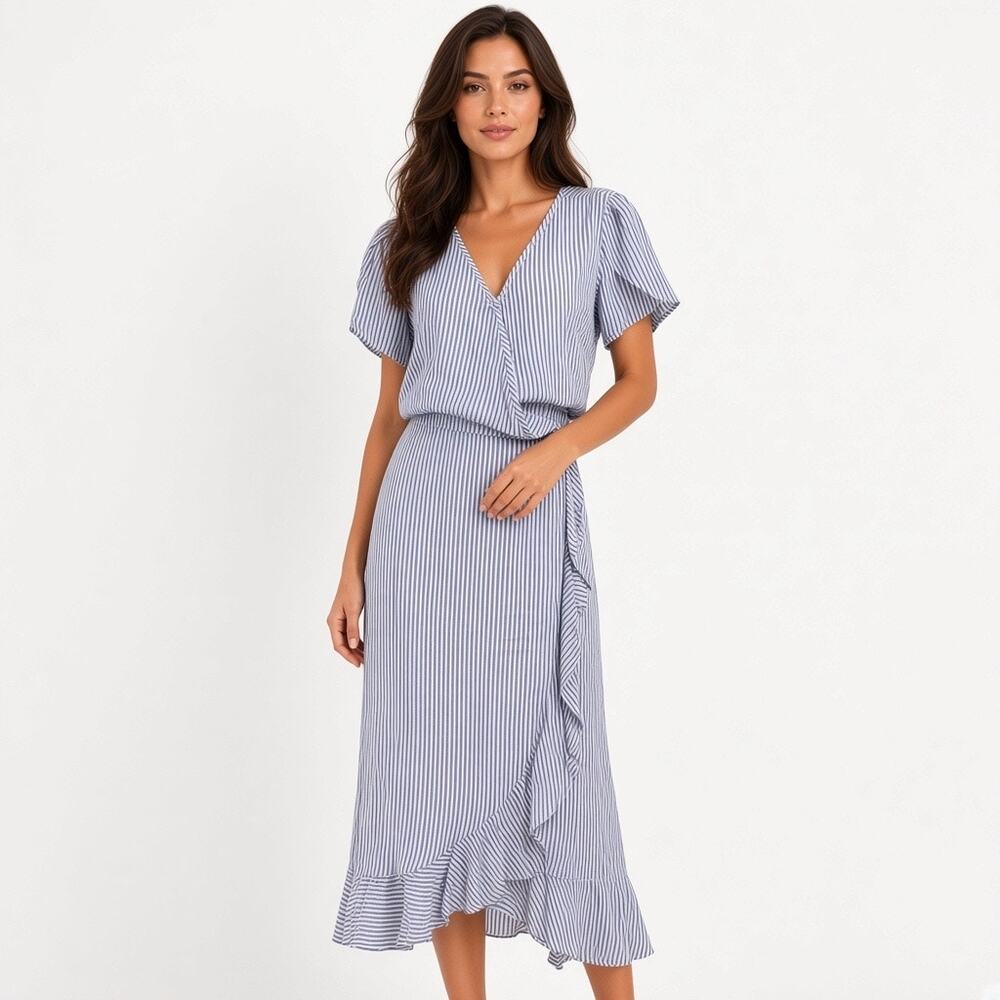 Naif Anthropologie Medium Blue White Stripe Ruffle Wrap Midi Dress Cottagecore